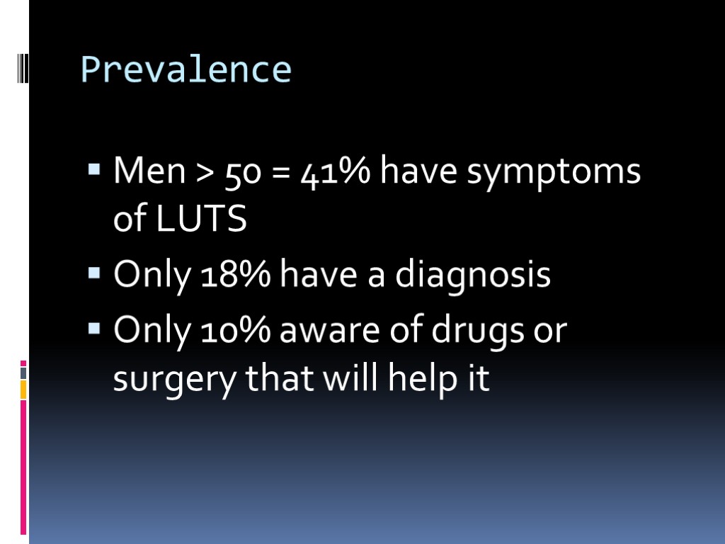 Prevalence Men > 50 = 41% have symptoms of LUTS Only 18% have a